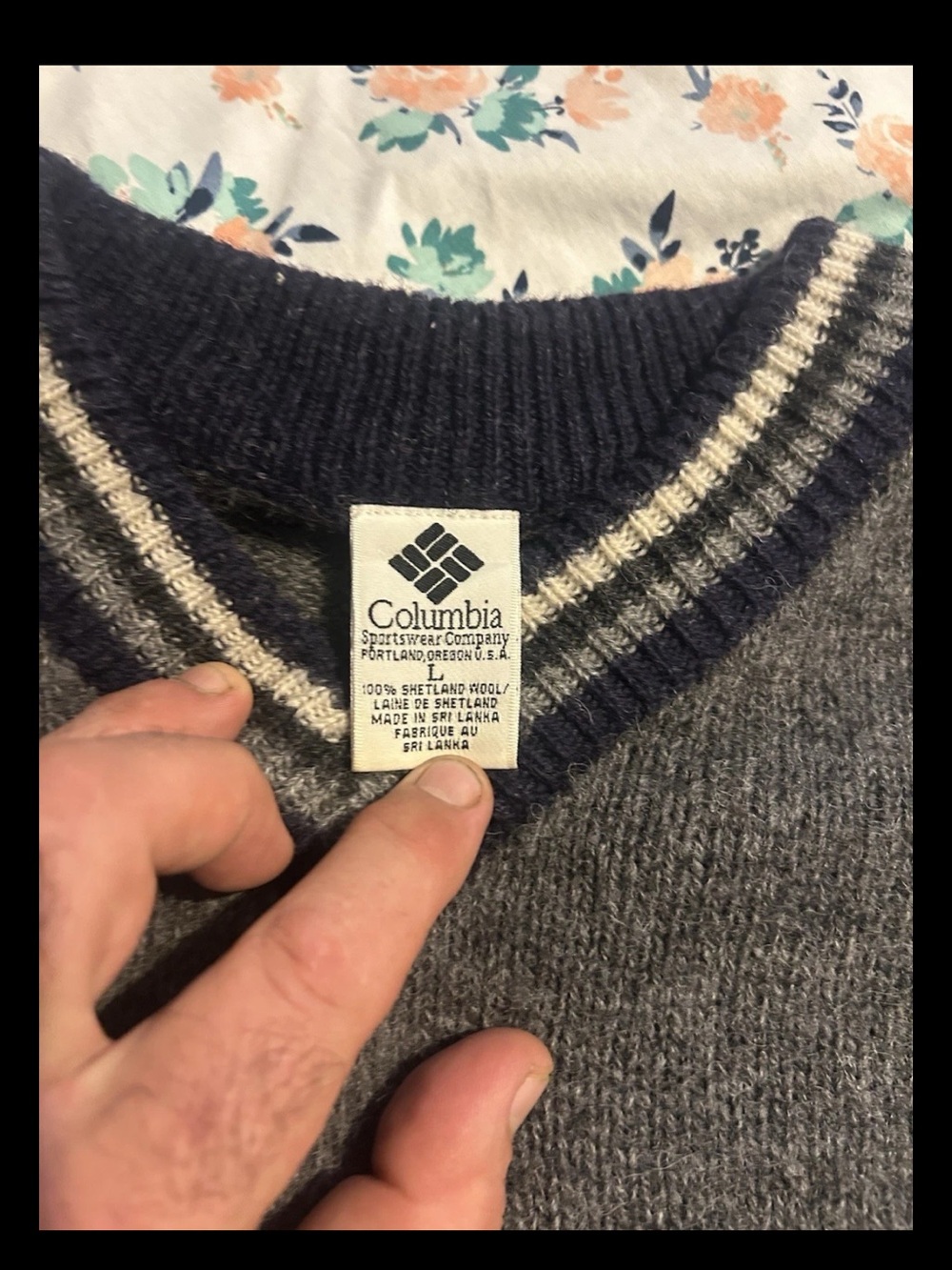 Columbia Men's Gray V-Neck Sweater with Navy and Cream Trim